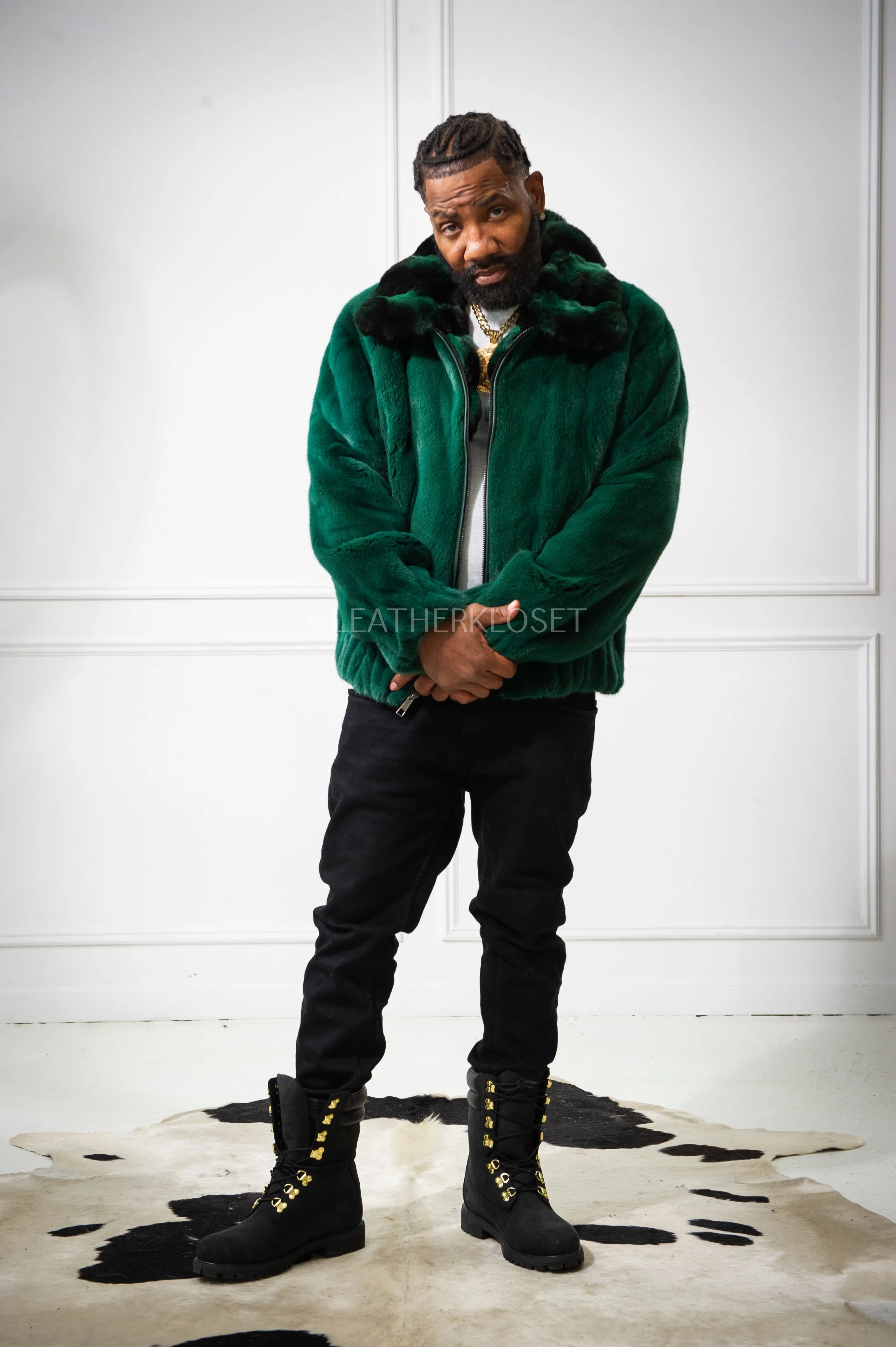 Men's Mink Bomber Jacket With Chinchilla Collar [Green]