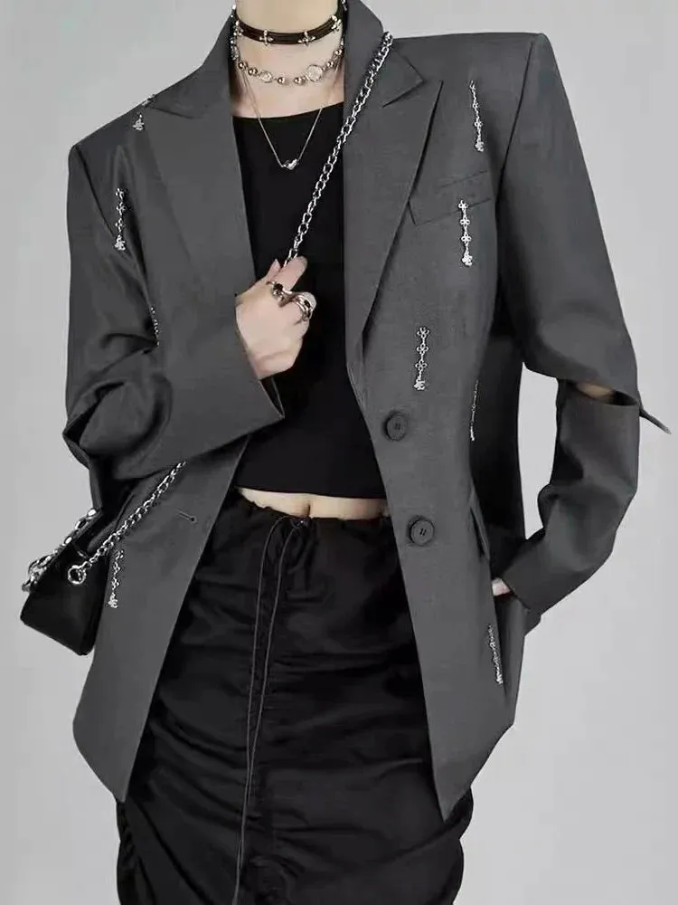 Metaversmall Hollow Out Patchwork Chain Chic Blazers For Women Notched Collar Long Sleeve Spliced Button Minimalist Coat Female Fashion