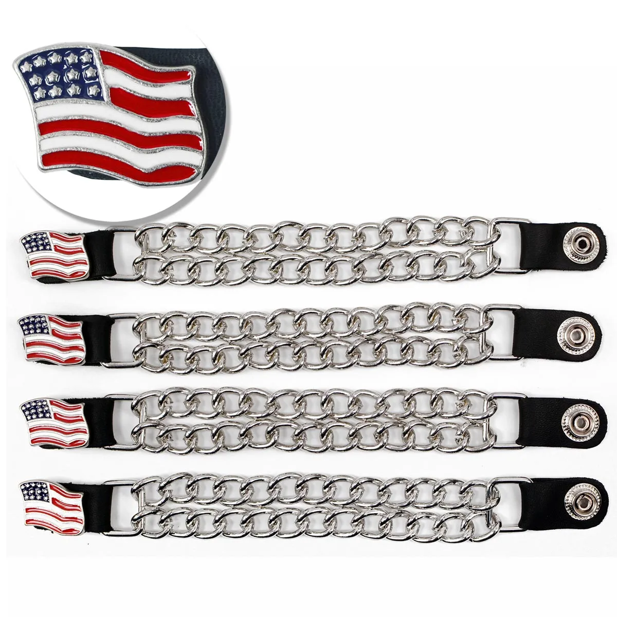 Milwaukee Leather American Flag Medallion Vest Extender - Double Chrome Chains Genuine Leather 8.5" Extension 4-PCS MLA6042SET