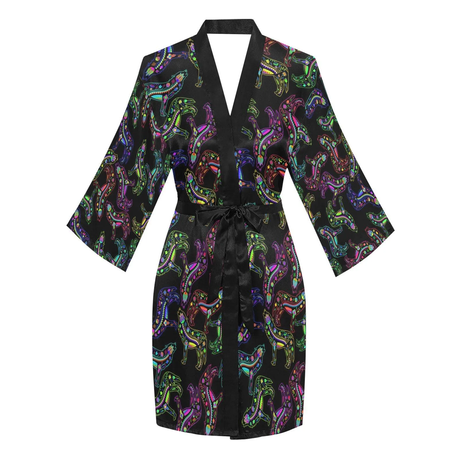 Neon Floral Wolves Long Sleeve Satin Robe