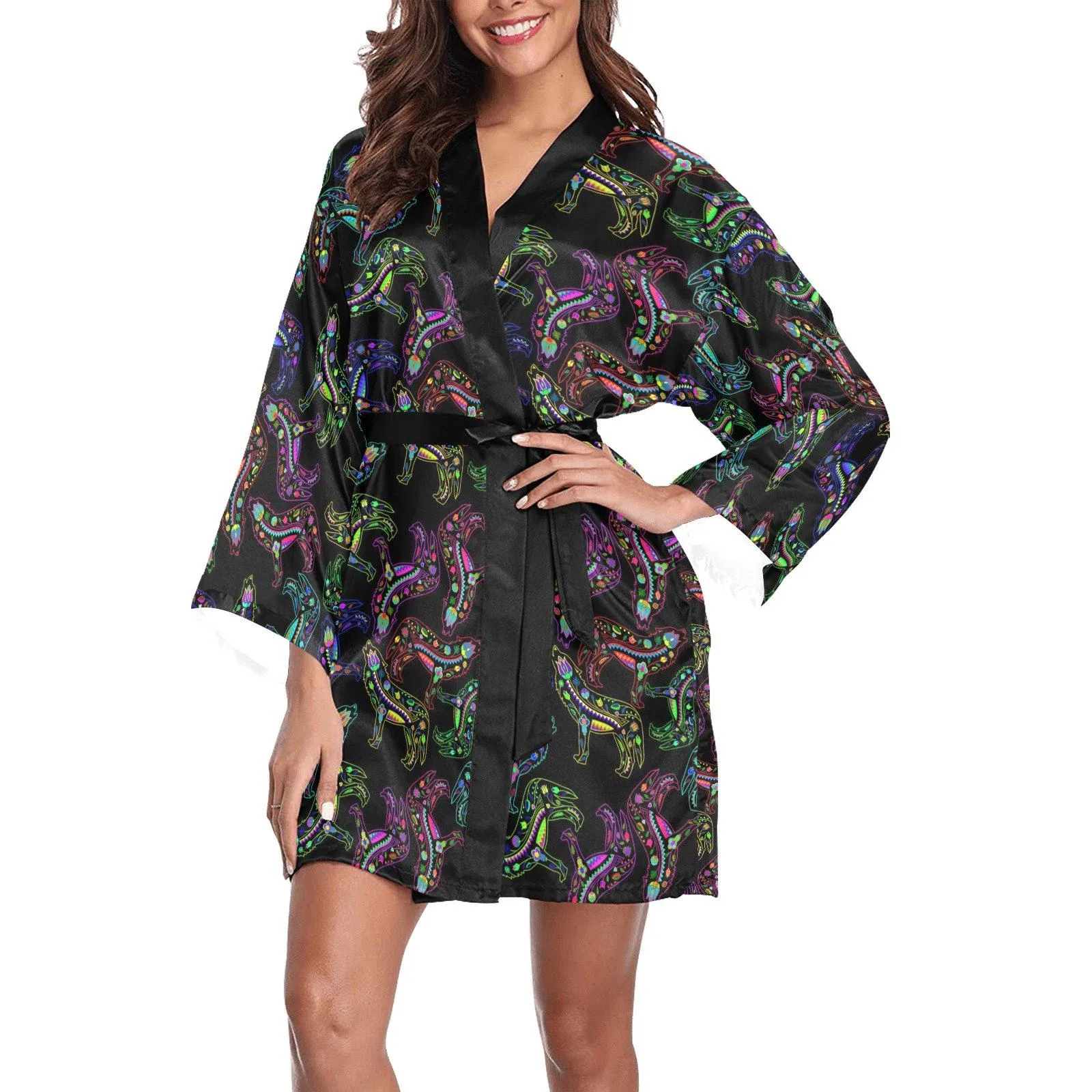 Neon Floral Wolves Long Sleeve Satin Robe