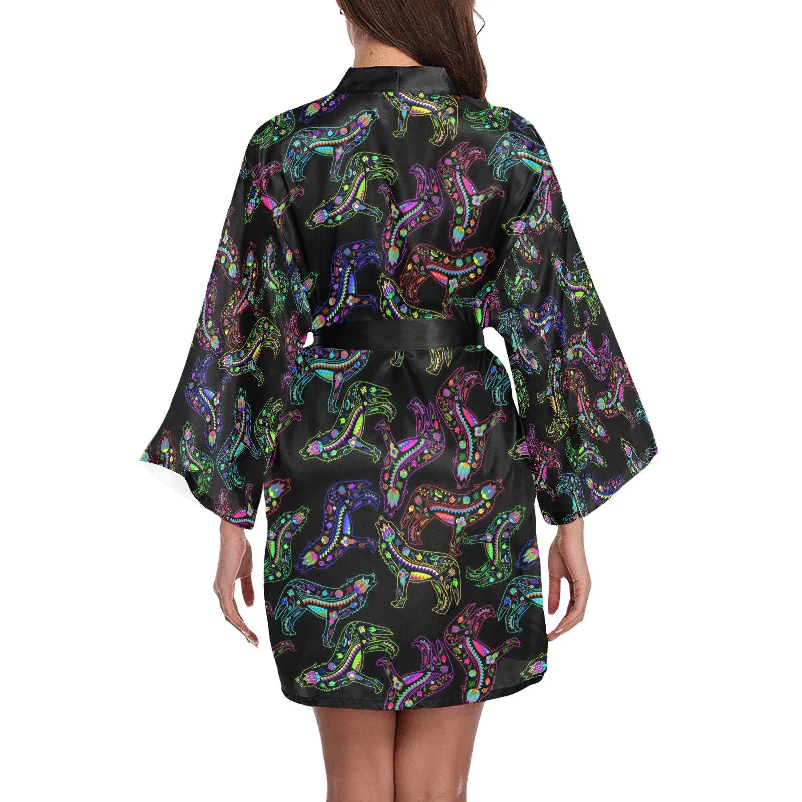 Neon Floral Wolves Long Sleeve Satin Robe