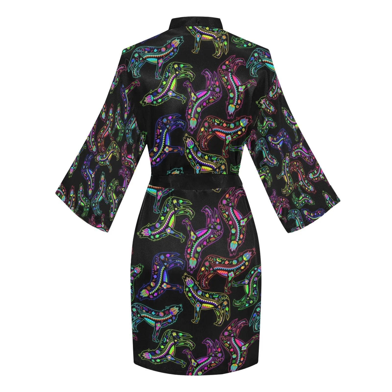 Neon Floral Wolves Long Sleeve Satin Robe