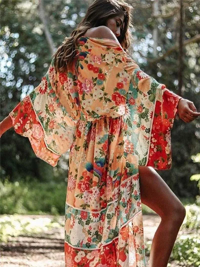 Nightwear Chiffon Floral Print Pink Color Long Length Gown Kimono Duster Robe