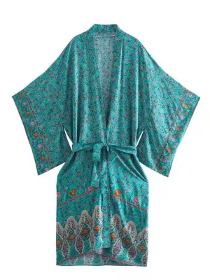 Nightwear Floral Print Cotton Green & Beige Color Long Length Gown Robe Kimono