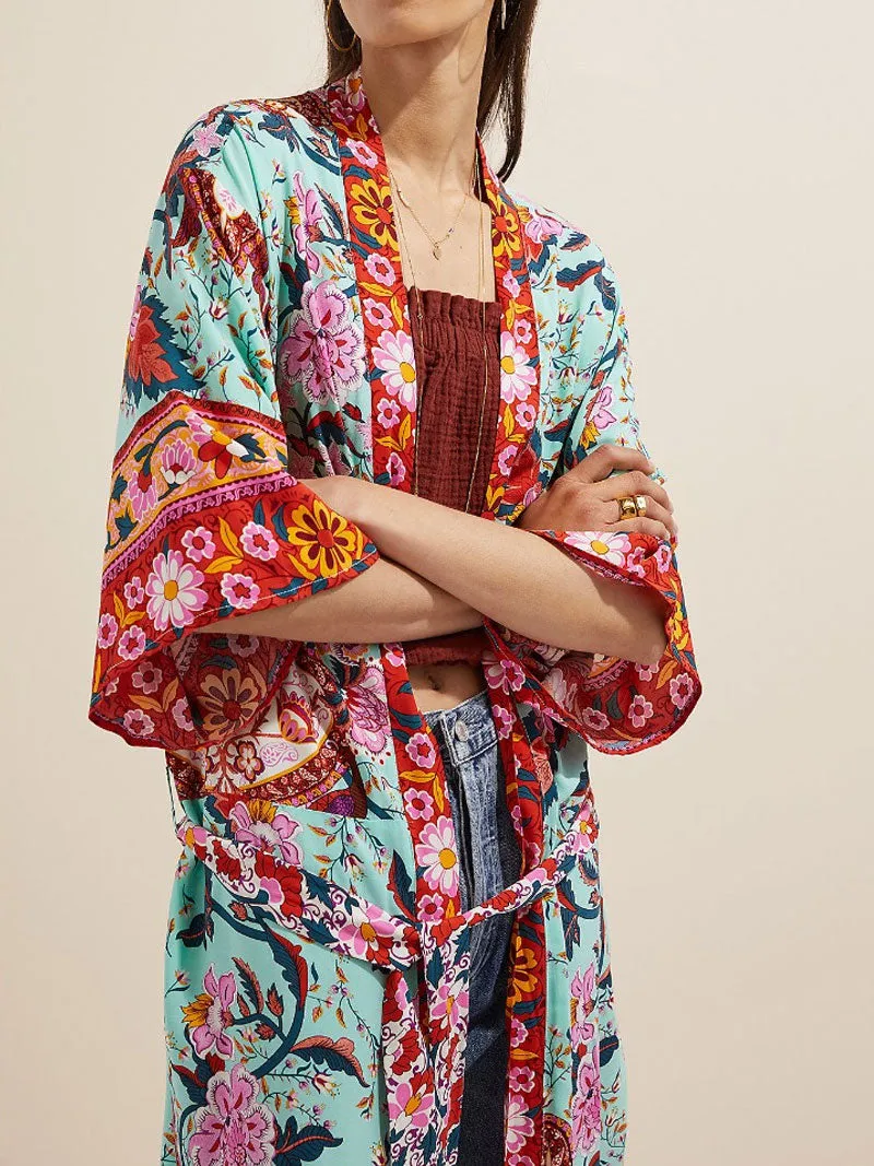 Nightwear Floral Print Green Color Cotton Long Length Gown Kimono Robe