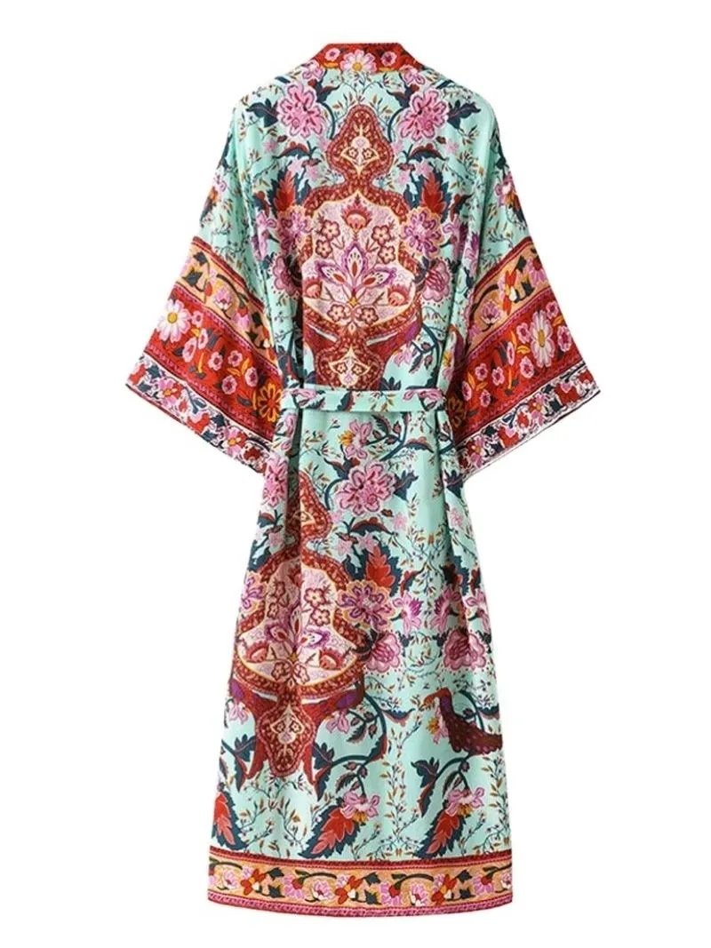 Nightwear Floral Print Green Color Cotton Long Length Gown Kimono Robe