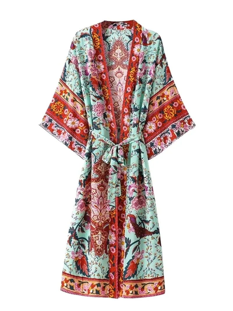 Nightwear Floral Print Green Color Cotton Long Length Gown Kimono Robe