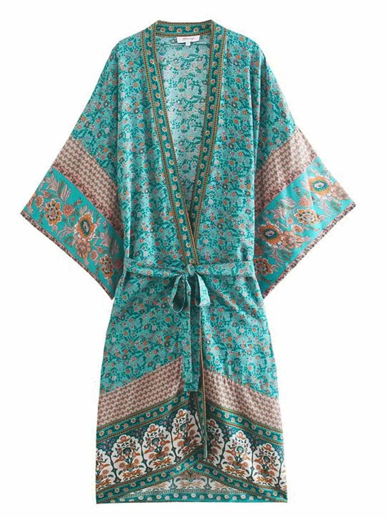 Nightwear Kimono Robe Duster Floral Print Blue Cotton Long Length Kimono