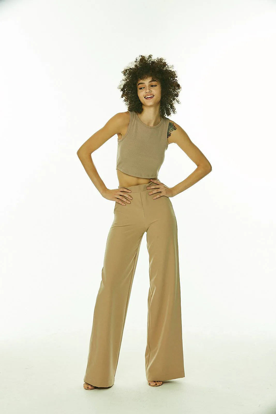 Nude Wide Leg Side Zip Pants with Faux Pockets