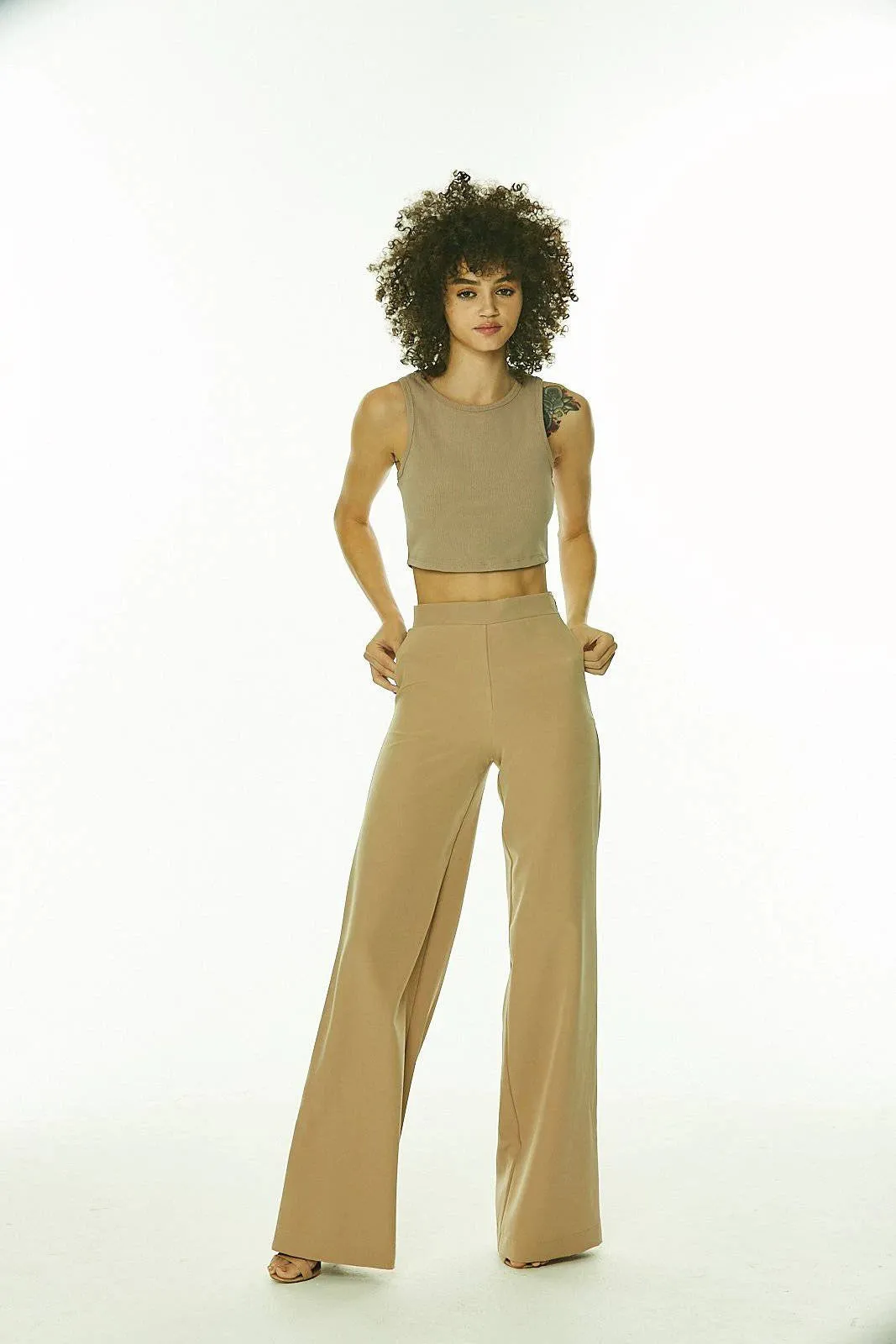 Nude Wide Leg Side Zip Pants with Faux Pockets