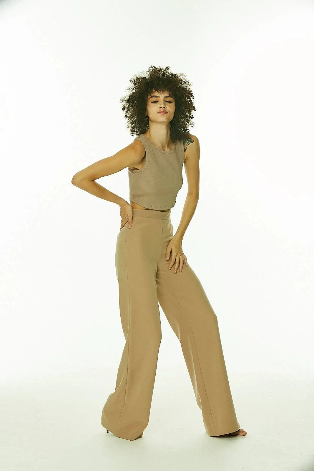 Nude Wide Leg Side Zip Pants with Faux Pockets