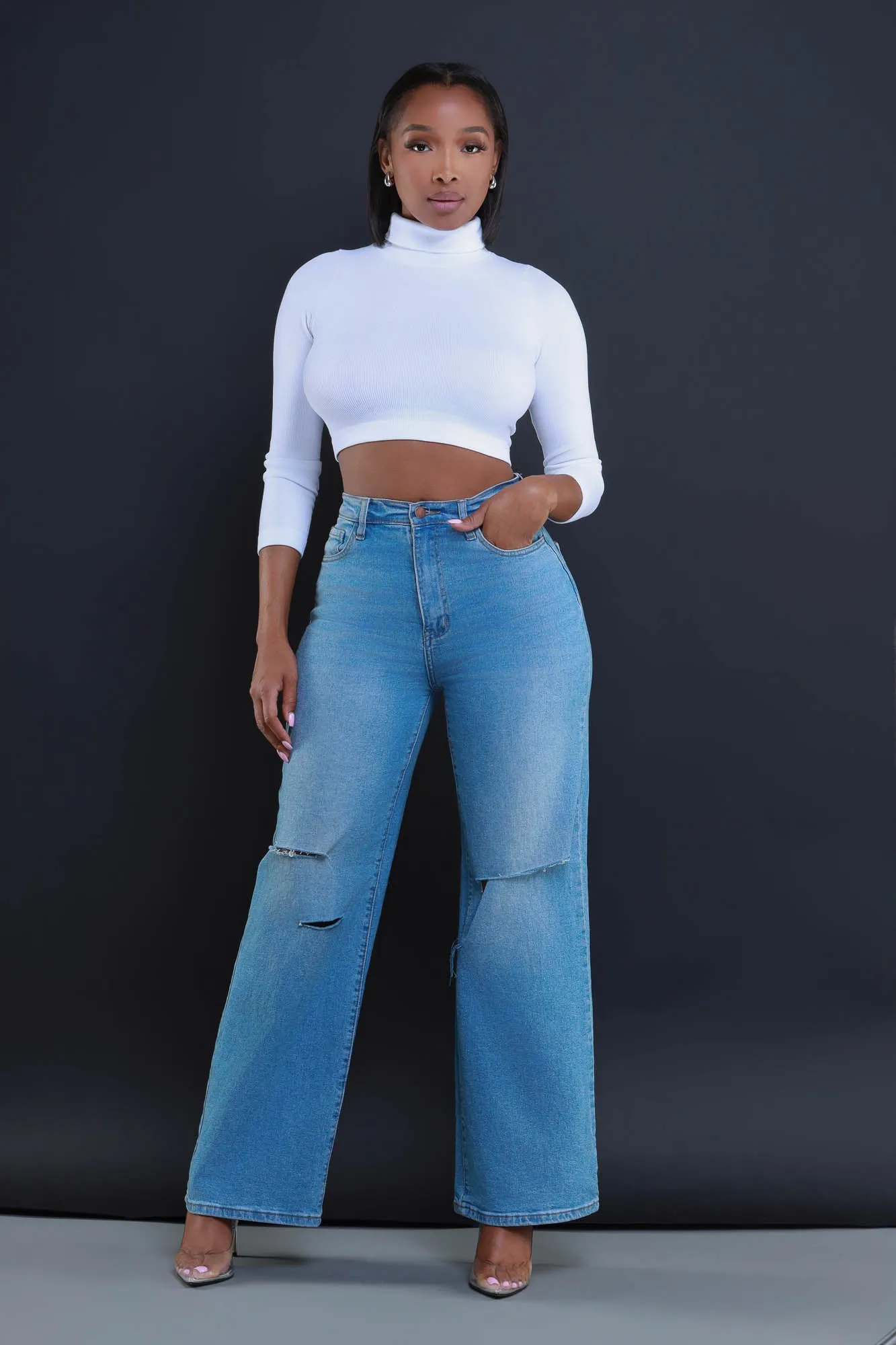 On Call Ribbed Turtleneck Crop Top - White