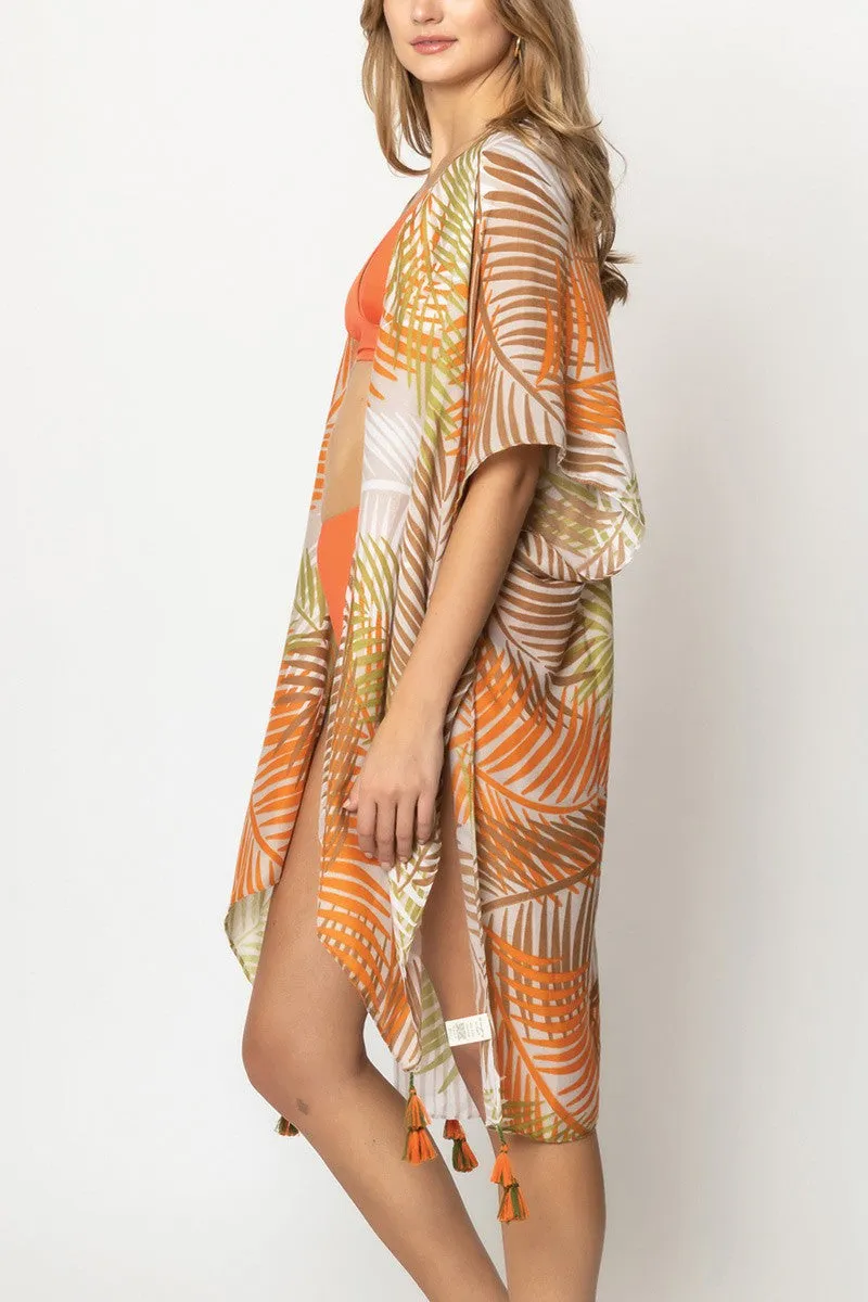 Palm Leaves Open Front Kimono- Coral