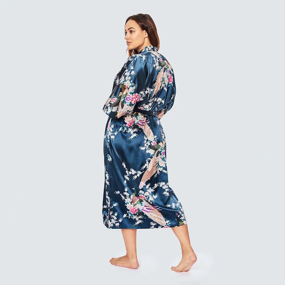 Peacock & Blossoms Long Kimono Robe (Plus Size)