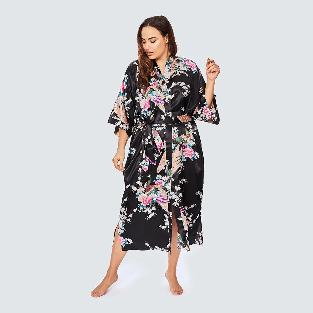 Peacock & Blossoms Long Kimono Robe (Plus Size)