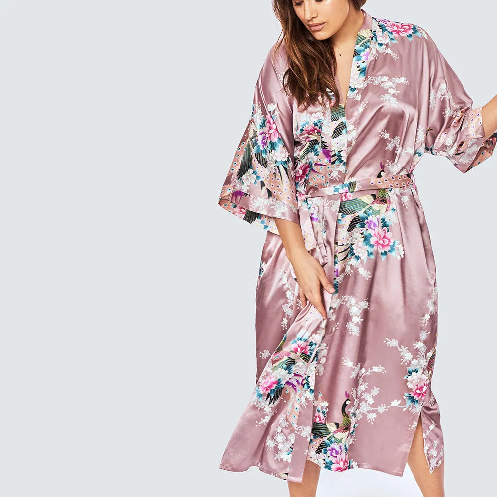 Peacock & Blossoms Long Kimono Robe (Plus Size)