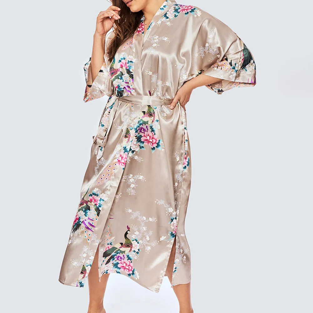 Peacock & Blossoms Long Kimono Robe (Plus Size)