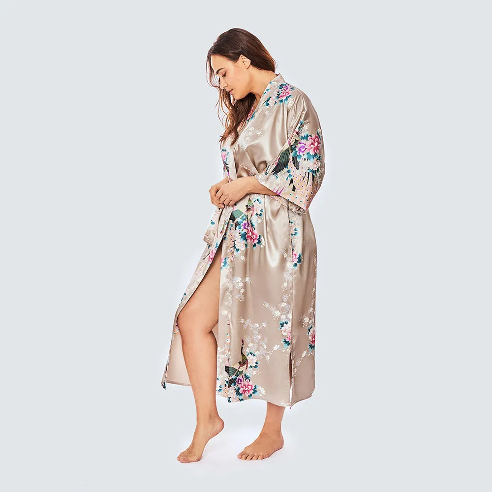 Peacock & Blossoms Long Kimono Robe (Plus Size)