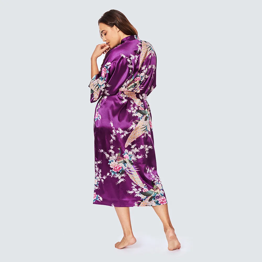 Peacock & Blossoms Long Kimono Robe (Plus Size)