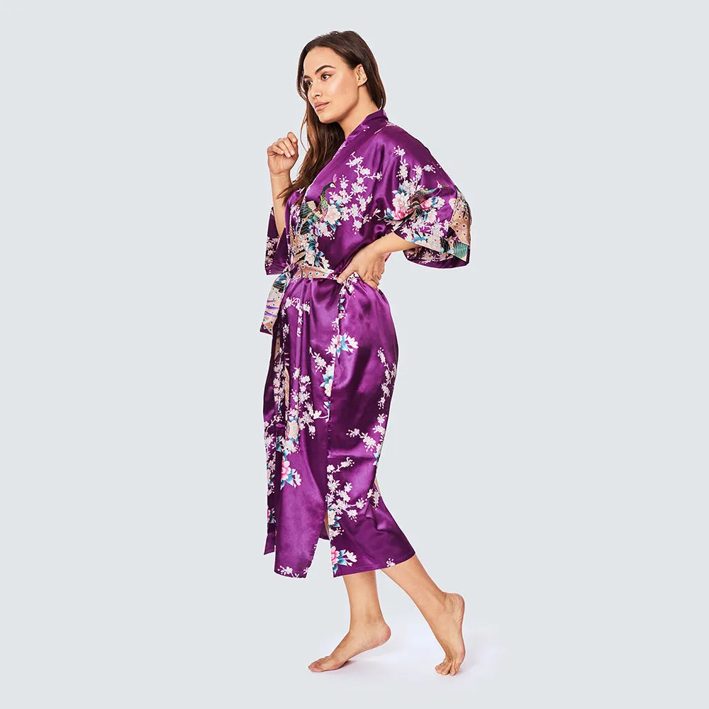 Peacock & Blossoms Long Kimono Robe (Plus Size)