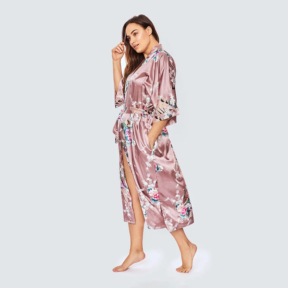 Peacock & Blossoms Long Kimono Robe (Plus Size)