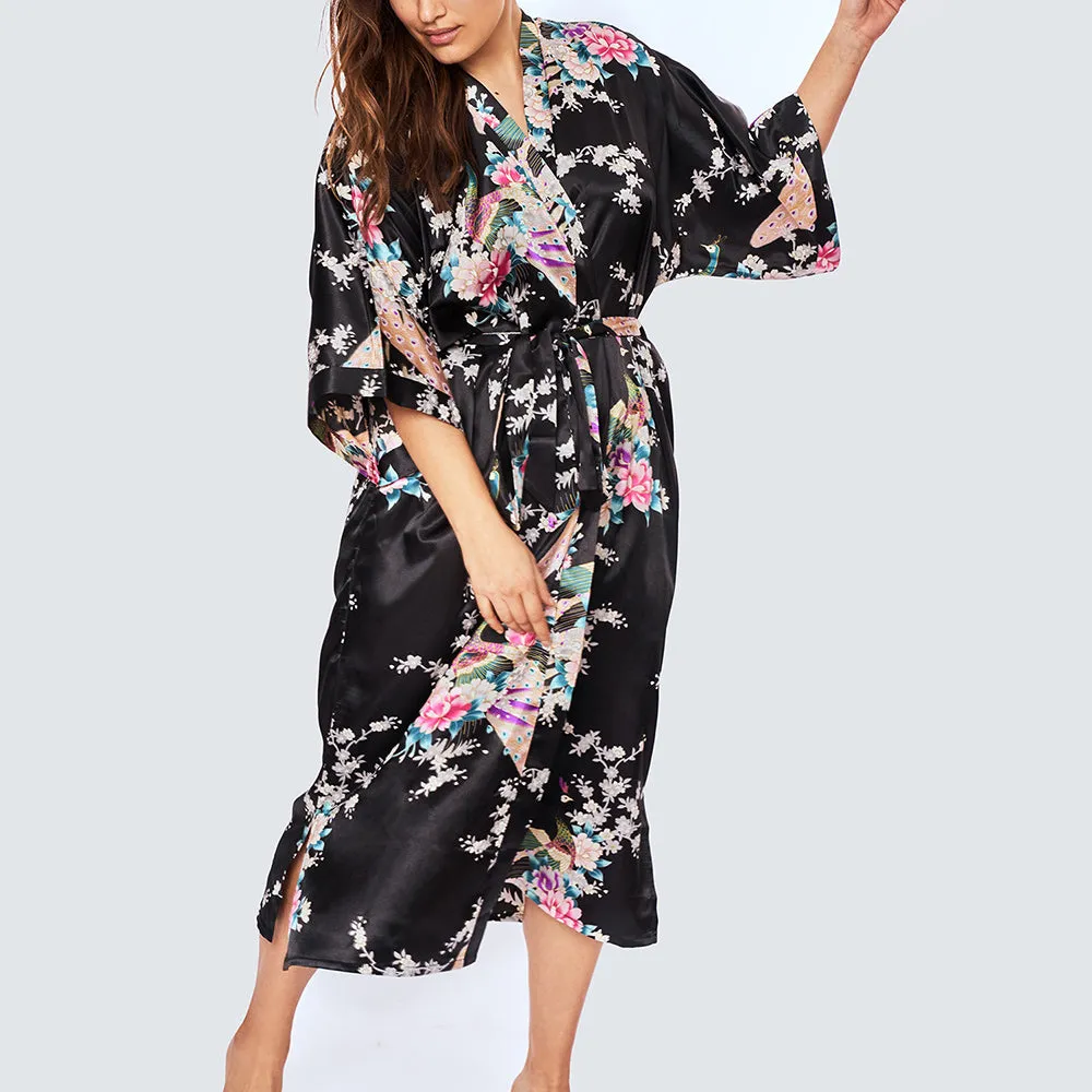 Peacock & Blossoms Long Kimono Robe (Plus Size)