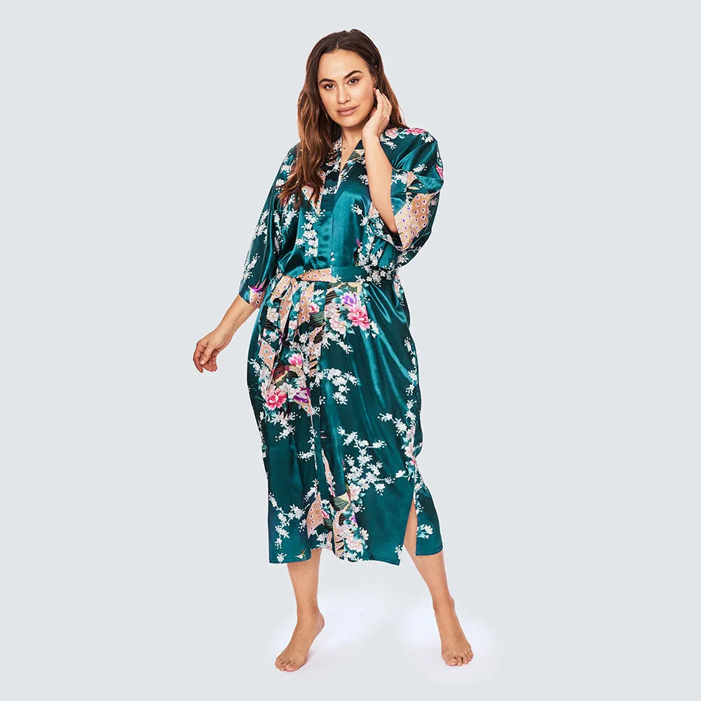 Peacock & Blossoms Long Kimono Robe (Plus Size)