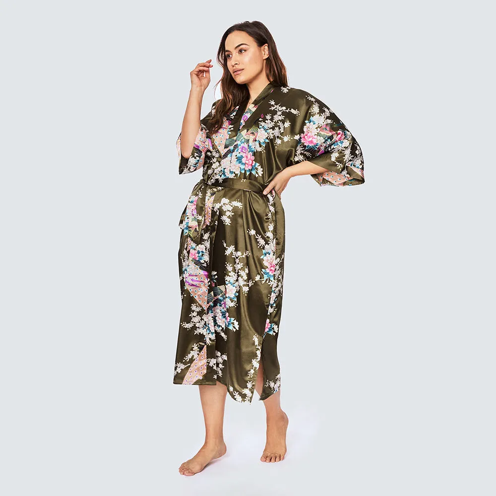 Peacock & Blossoms Long Kimono Robe (Plus Size)