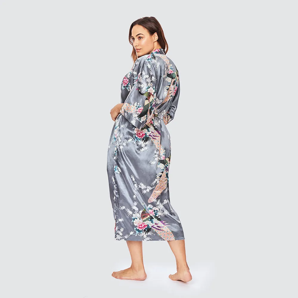 Peacock & Blossoms Long Kimono Robe (Plus Size)