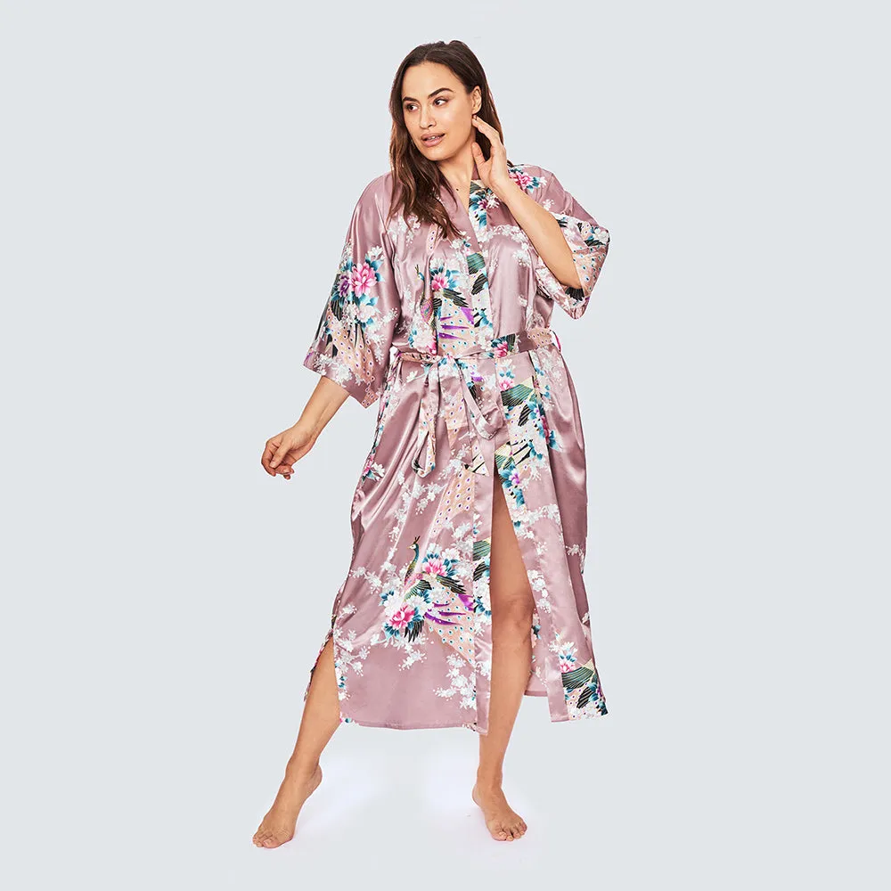 Peacock & Blossoms Long Kimono Robe (Plus Size)