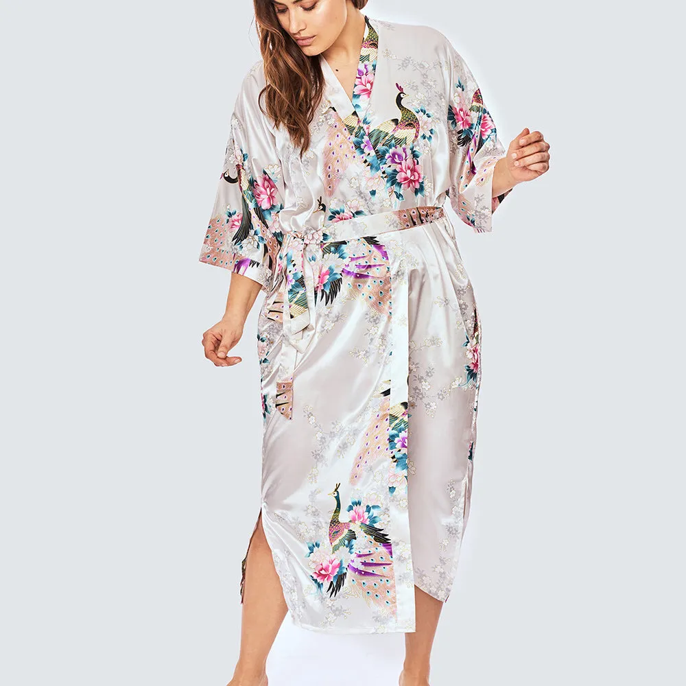 Peacock & Blossoms Long Kimono Robe (Plus Size)