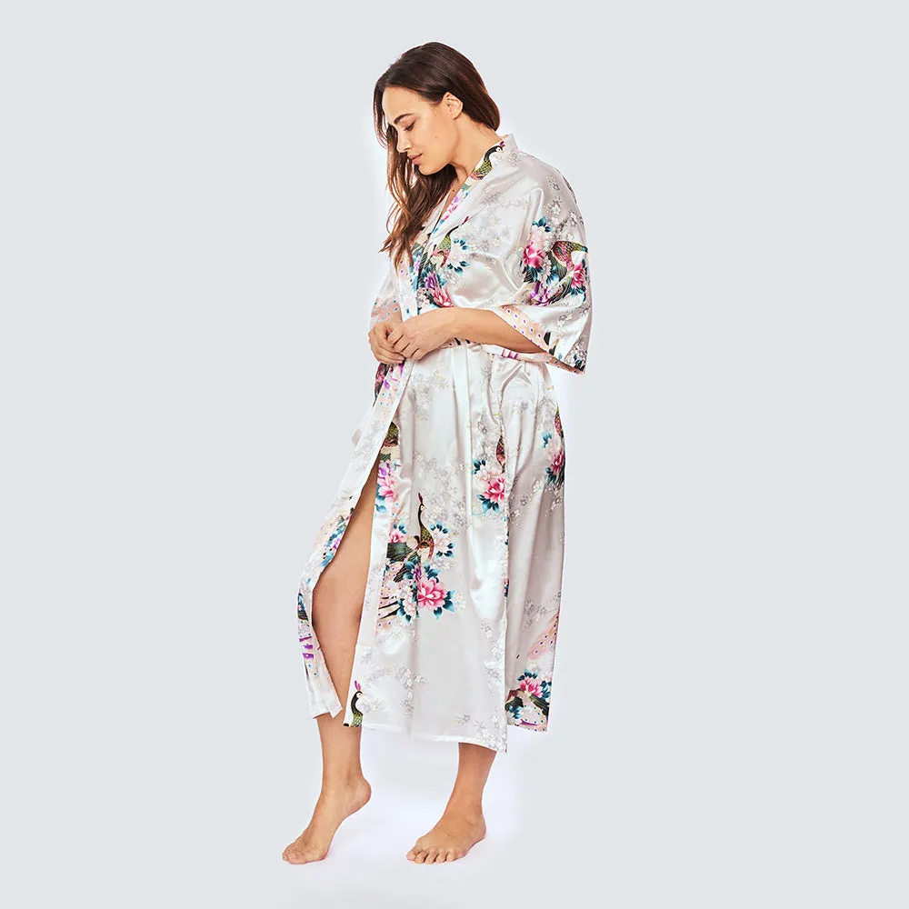 Peacock & Blossoms Long Kimono Robe (Plus Size)