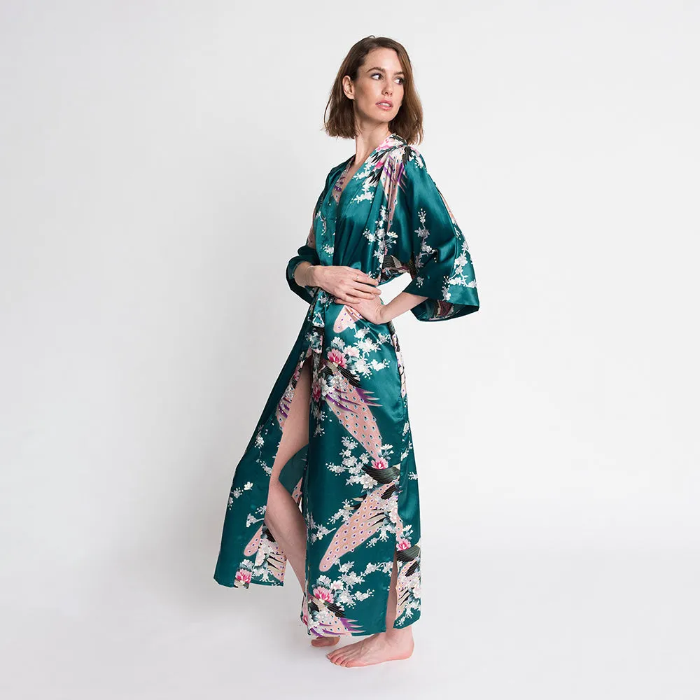 Peacock & Blossoms Long Kimono Robe