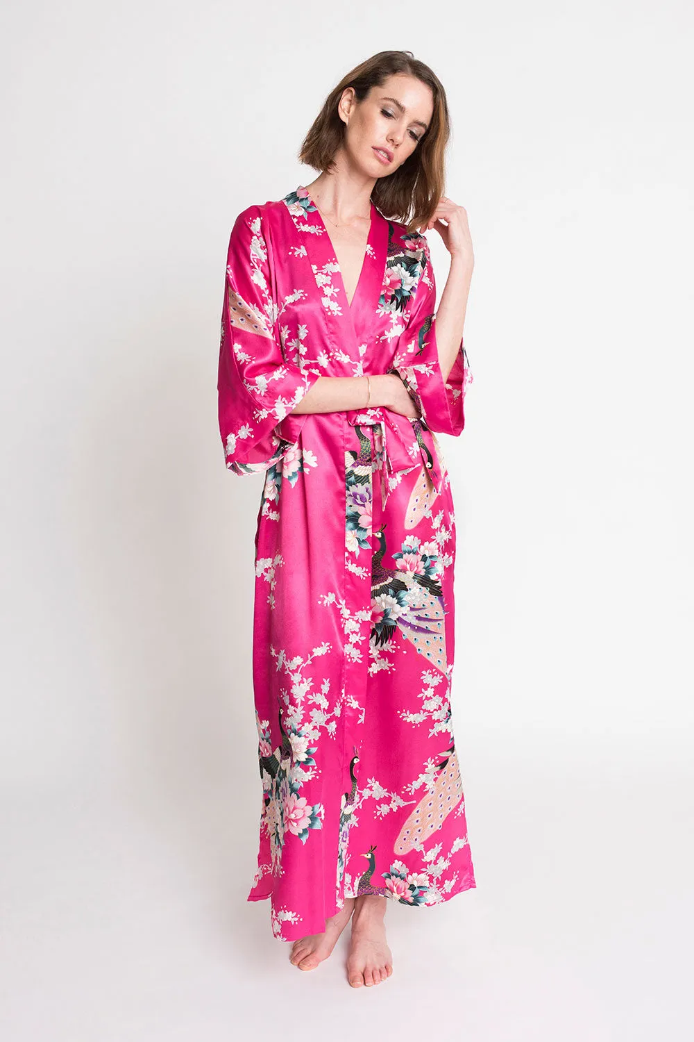 Peacock & Blossoms Long Kimono Robe