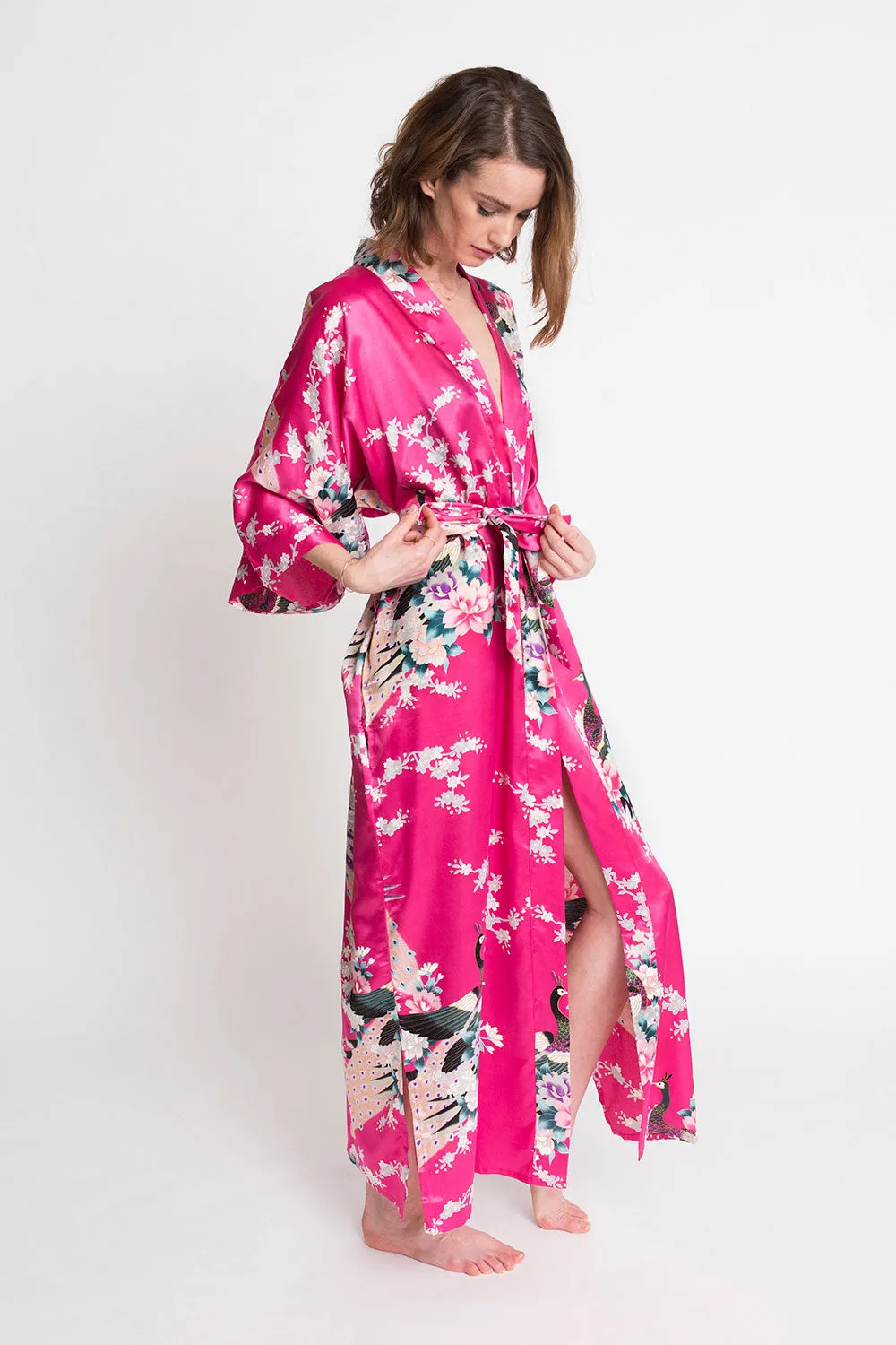 Peacock & Blossoms Long Kimono Robe