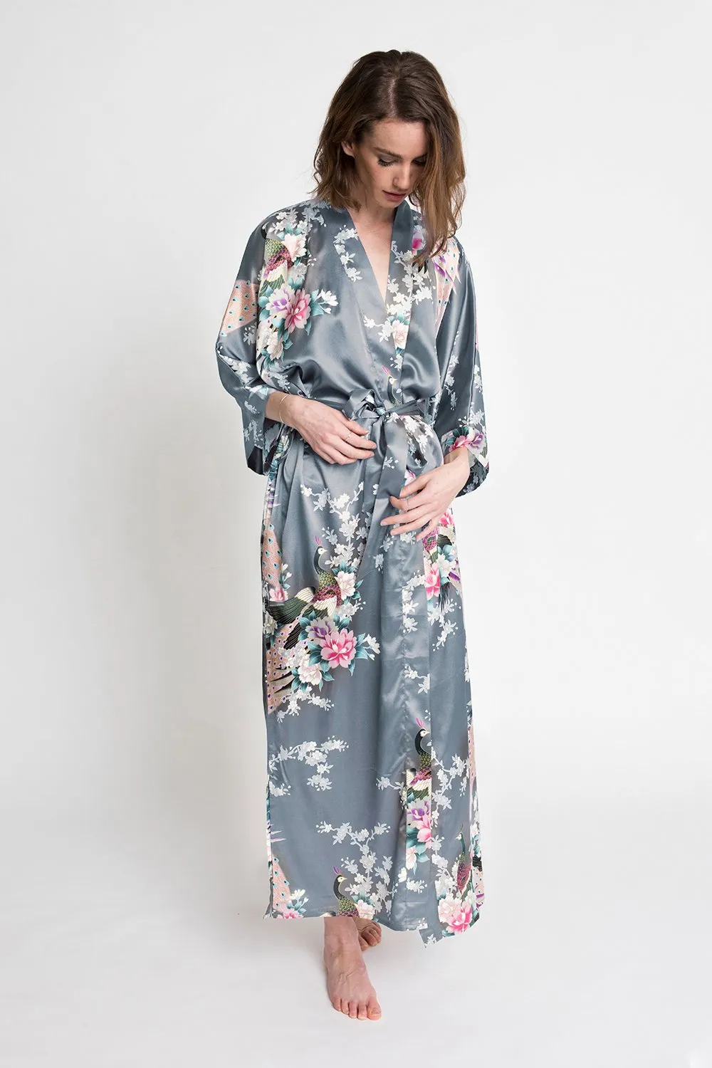 Peacock & Blossoms Long Kimono Robe