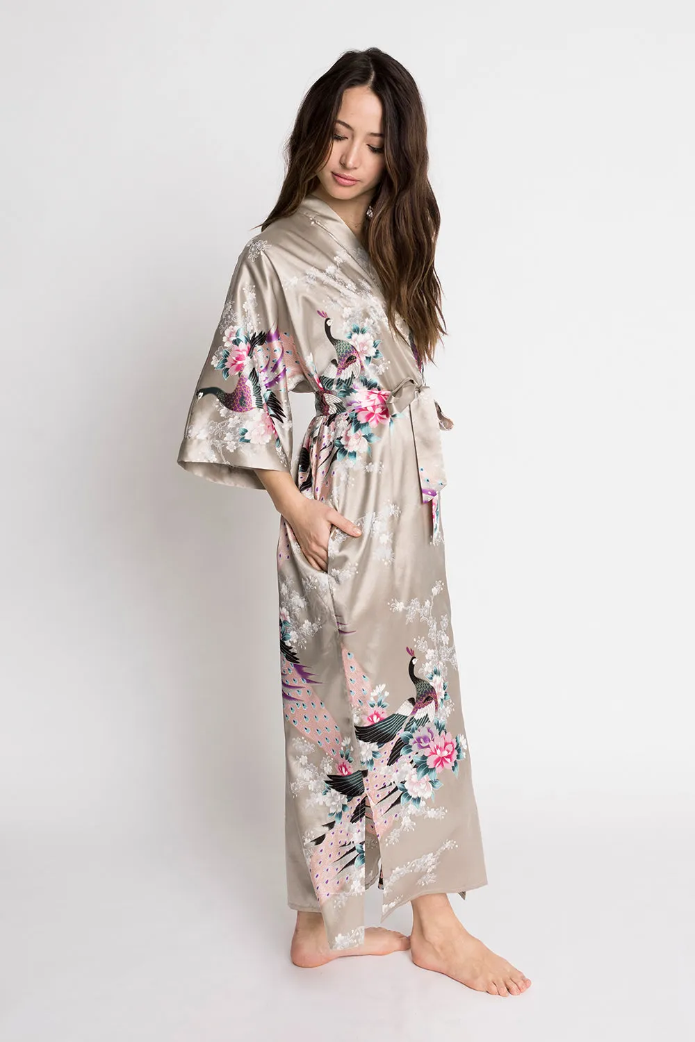 Peacock & Blossoms Long Kimono Robe