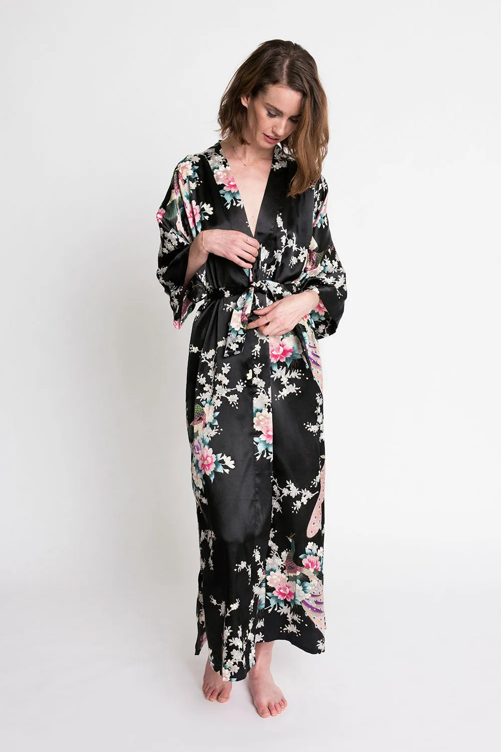 Peacock & Blossoms Long Kimono Robe