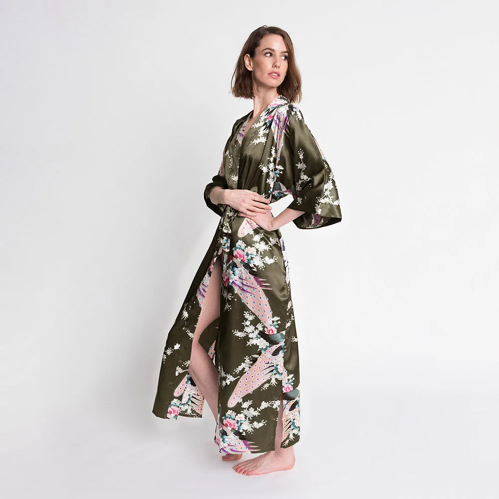 Peacock & Blossoms Long Kimono Robe