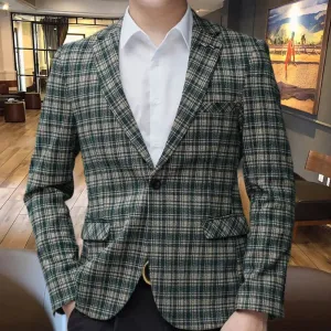 Plaid Contrast Color Polyester Blazer