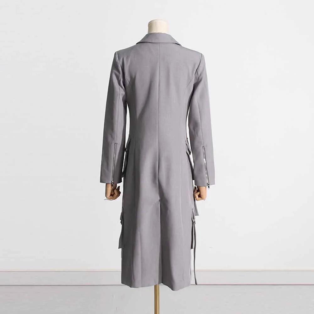 Pockets Grey Long Sleeves Embellished Coat Long Outwear Jacket