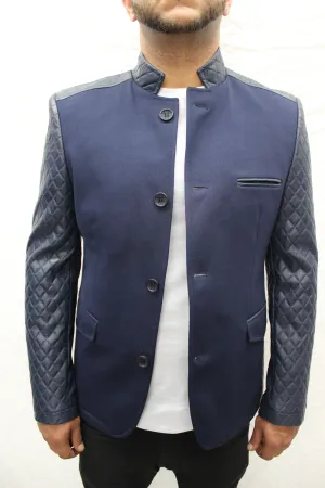 "Mahyar" Navy Blazer With Leather Details On Shoulder And Sleeve