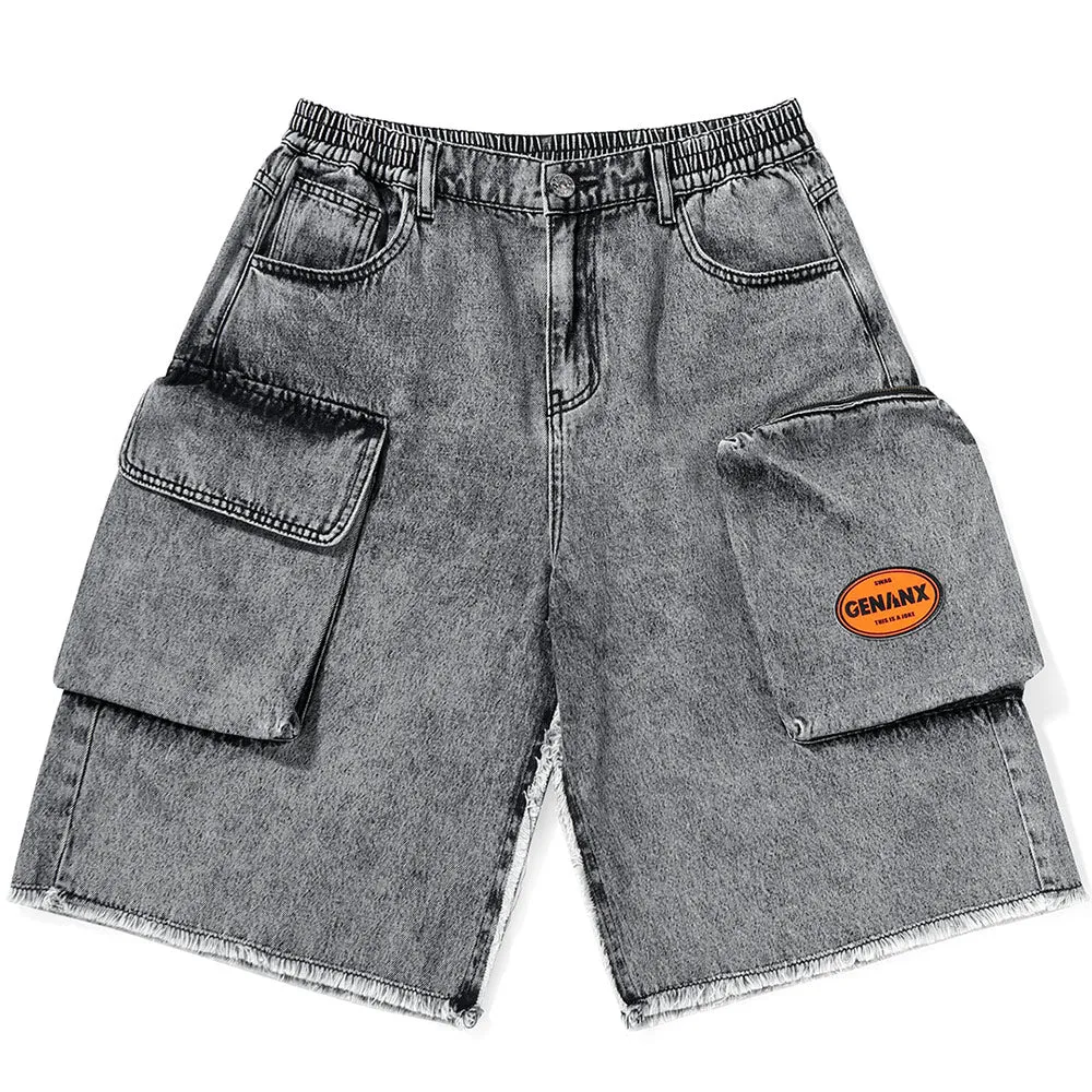 Safari Style Asymmetric Pocket Frayed Denim Shorts