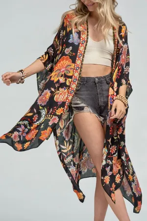 San Morino Moroccan Floral Print Kimono- Black