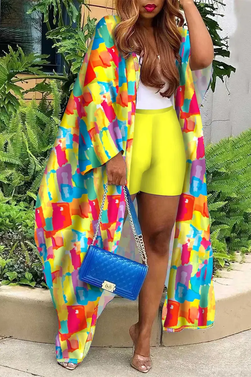 Sexy Yellow Abstract Print Kimono & Shorts Set