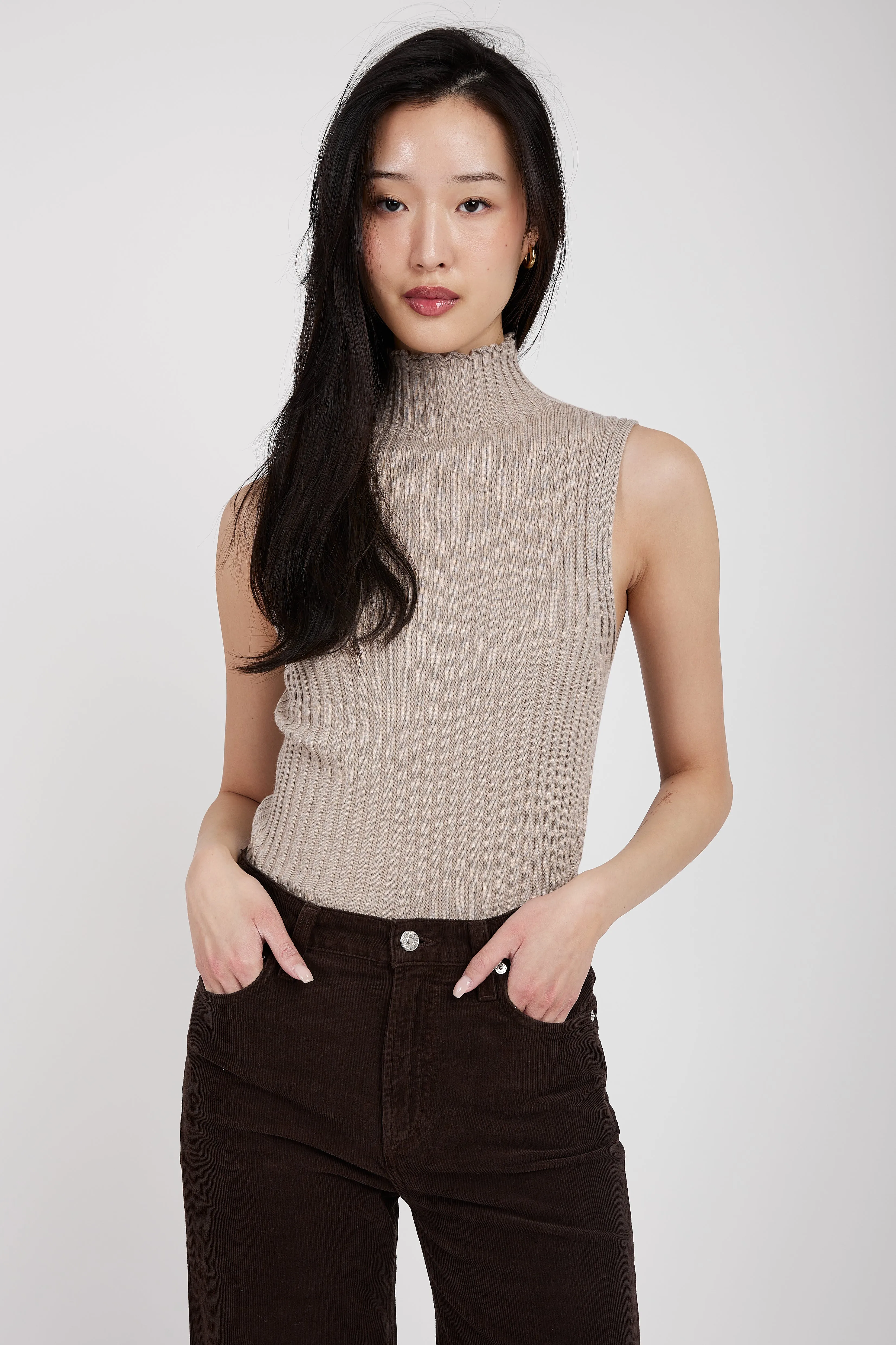 Sleeveless Turtleneck Top in Sand