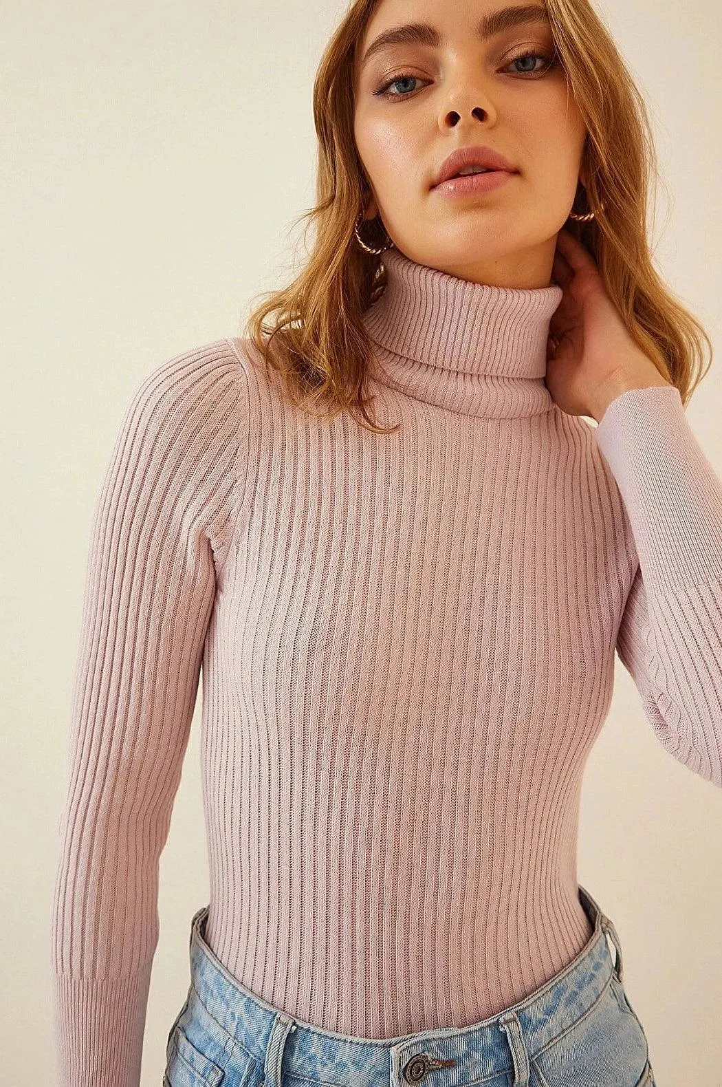 Spring Valley Pink Turtleneck Knitwear Sweater for Women | Elegant Powder Pink Sweater Top