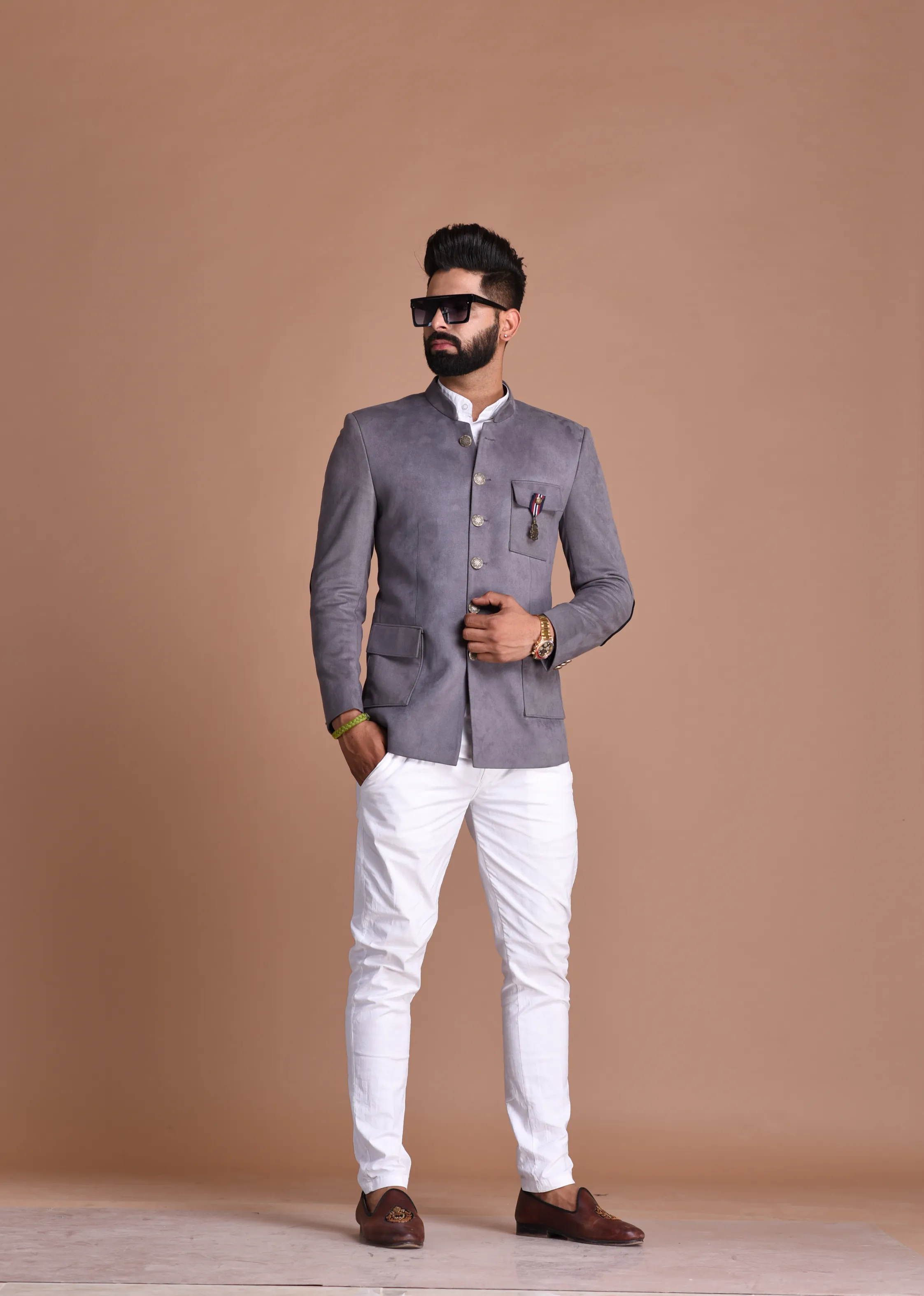 Stunning Grey Suede Leather Designer Jodhpuri Bandhgala with White Trouser | Wedding Functions | Perfect for formal Party Wear