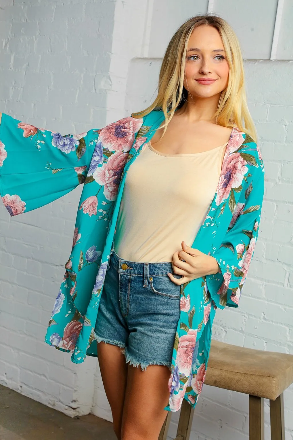 Teal Flower Printed Kimono Jacket